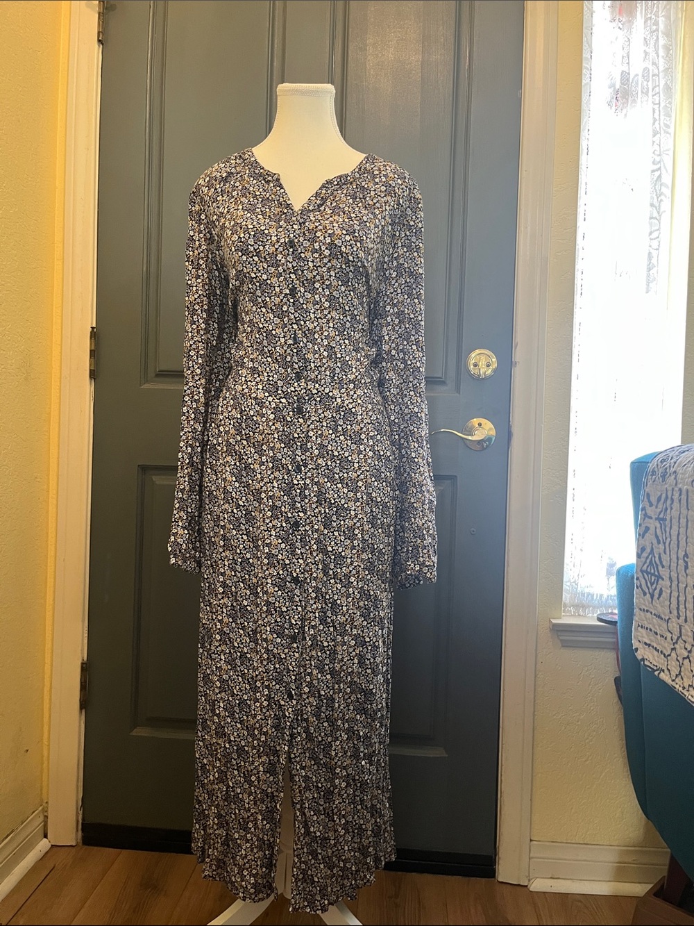 Chaps Navy Floral Long Sleeve Dress